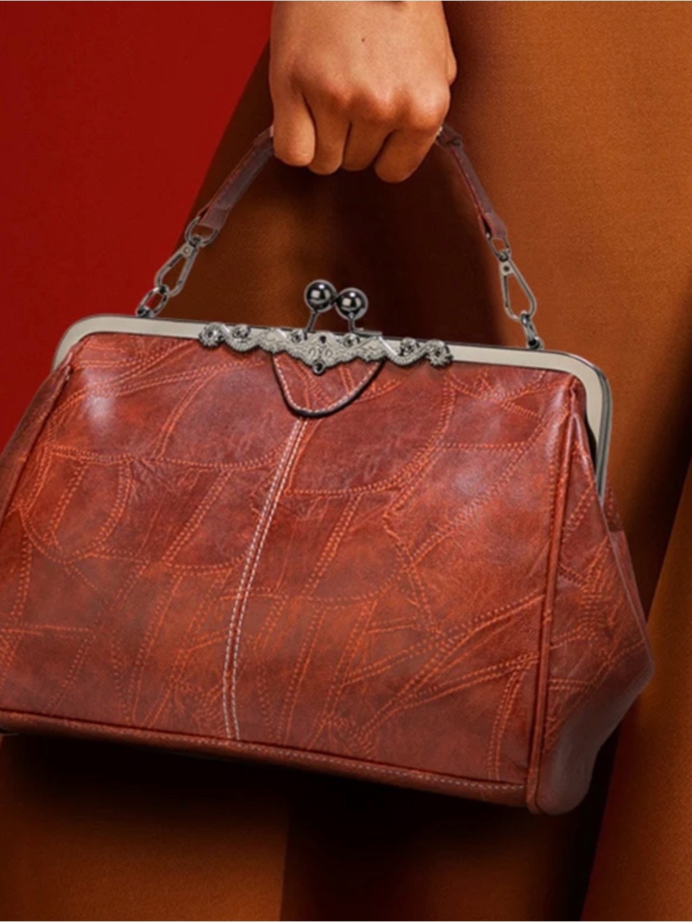 Luna Vintage Clutch Classic Structured Brown Leather Frame Crossbody Handbag